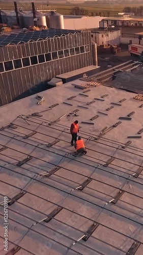 Workers installing solar panels on roof. Workers during intallation of alternative energy photovoltaic solar panels on roof photo