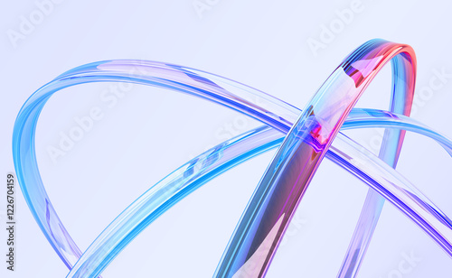 Abstract 3d background with liquid glass holographic transparent lines. Rainbow ribbons neon gradient tapes with dispersion light. Iridescent fluid flow curve shapes render banner. 3D illustration photo