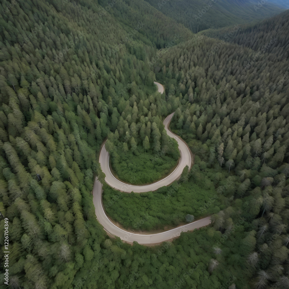 Obraz premium Serene Path: Aerial View of Winding Road Through Dense Pine Forest