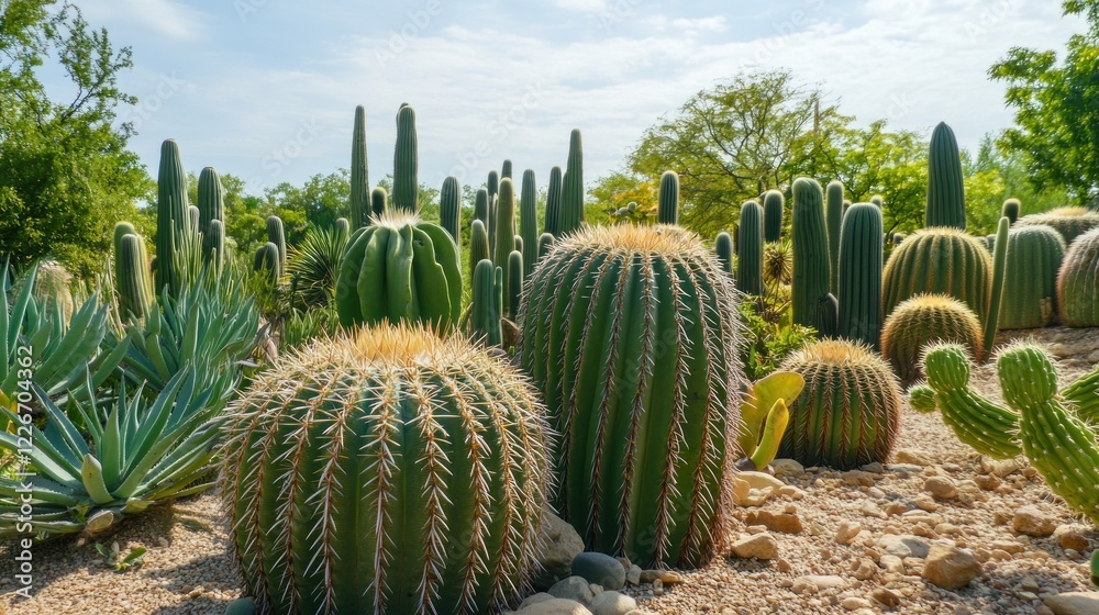 Variety of cacti and succulents in desert garden under bright sunny sky with some trees Variety of cacti and succulents in desert garden under bright sunny sky with some trees