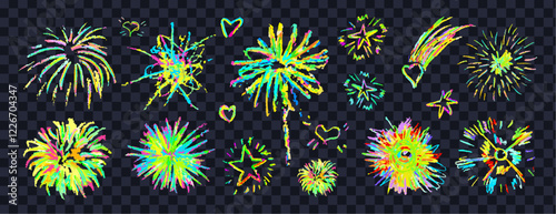 Fireworks cute pencil lines doodle elements for birthday, anniversary. Set of colorful rainbow sketches in style of lightning, explosion, sun rays, firecrackers, comet sparkles, motion effects. Vector