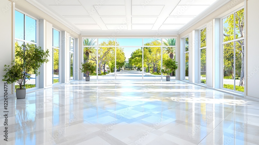 Fototapeta premium Luxurious sunlit conservatory with marble floor, overlooking a tree-lined avenue, ideal for interior design or real estate