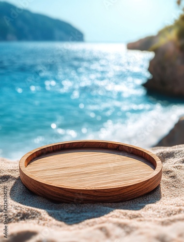 Wooden Serving Tray on Sandy Beach with Ocean Waves Background