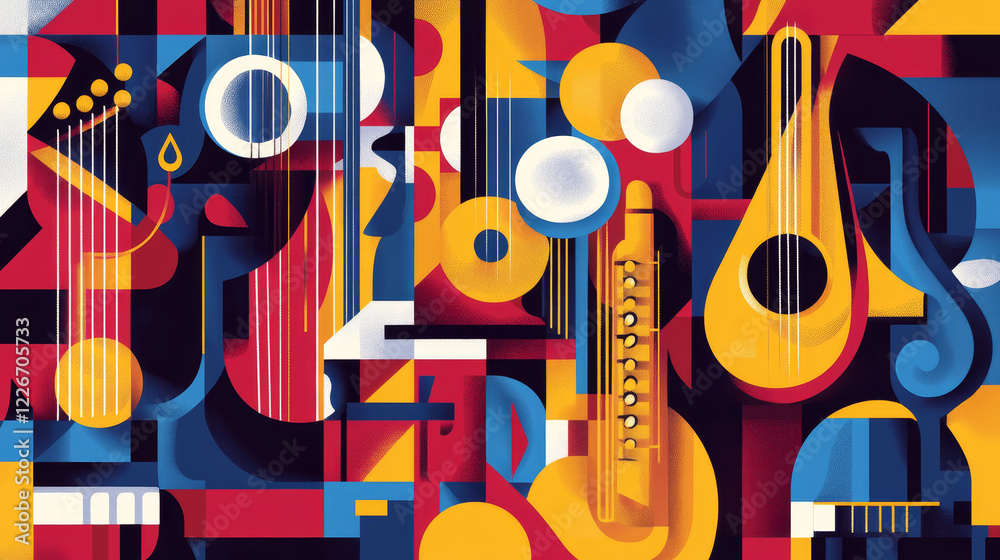 Music poster with wind and strings musical instruments. Musical orchestra placard with icons of piano, saxophone, harp, drums, maracas, guitar, violin, trumpet Music poster with wind and strings musical instruments. Musical orchestra placard with icons of piano, saxophone, harp, drums, maracas, guitar, violin, trumpet