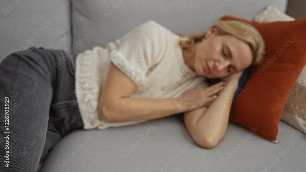 Woman sleeping on a comfortable sofa in a cozy living room with a warm pillow under her head, surrounded by soft textures and a tranquil ambiance, suggesting a peaceful indoor relaxation. Woman sleeping on a comfortable sofa in a cozy living room with a warm pillow under her head, surrounded by soft textures and a tranquil ambiance, suggesting a peaceful indoor relaxation.