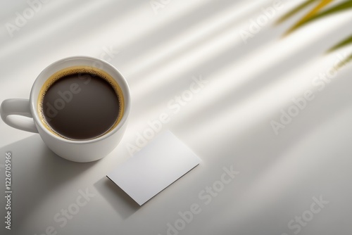 Warm coffee cup beside blank card, soft shadows creating tranqui photo