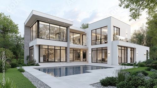 Obraz na płótnie Modern house, pool, twilight, trees, luxury home design w salonie