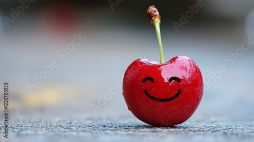 Happy ripe red cherry with a smiling face and long stalk with a second variant with no face and the smile element separate, isolated on white photo