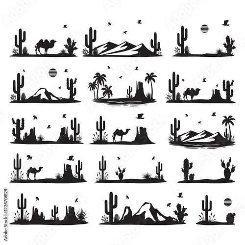  minimalist desert landscape vector silhouette logo, black and white collection