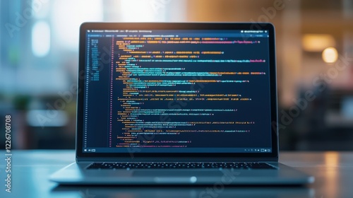 Trust confidence and transparency, A laptop displays colorful code on its screen, suggesting programming, software development, and technology in a modern workspace.