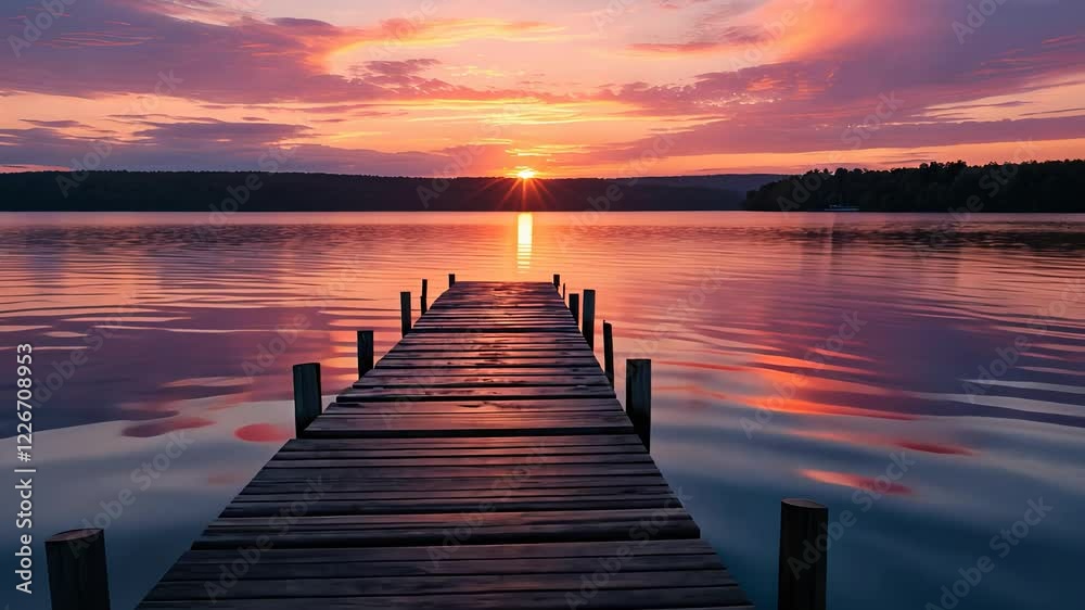 Wooden Pier Extending Into a Calm Lake at Sunset with Vibrant Sky Reflections on the Water and a Serene Horizon
Wooden Pier Extending Into a Calm Lake at Sunset with Vibrant Sky Reflections on the Water and a Serene Horizon