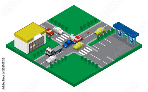 Isometric cars In auto accident on intercity road. Traffic jam on highway due to car accident. Aerial view 3D vector isolated on white background