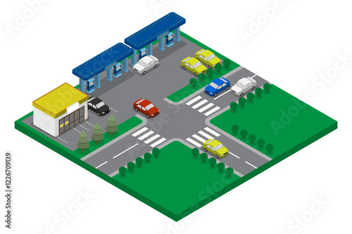 Gas station point with maintenance service at busy road intersection. Passenger car refueling at gas station. Aerial view 3D vector isolated on white background