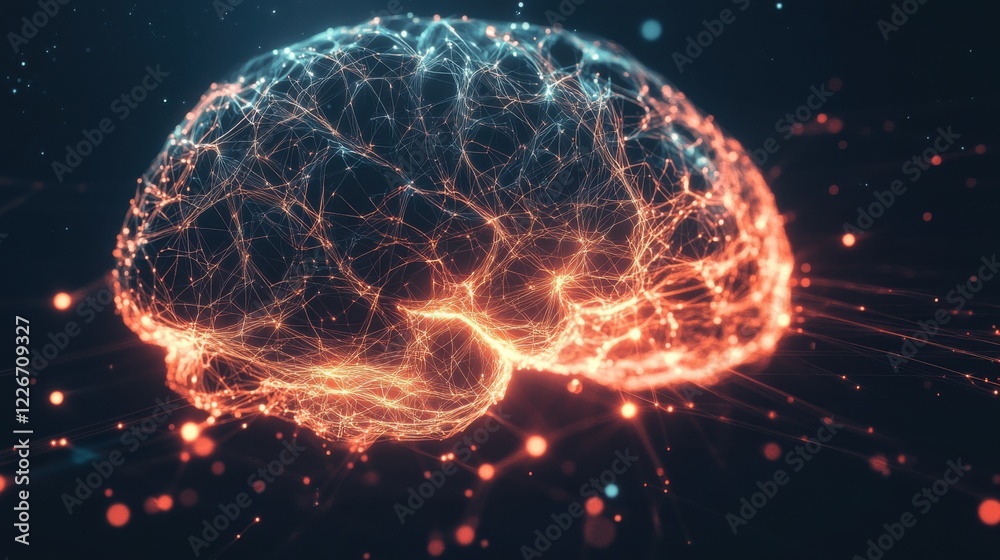 An abstract depiction of the human brain with glowing neural connections and energy patterns against a dark, cosmic backdrop, Futuristic style An abstract depiction of the human brain with glowing neural connections and energy patterns against a dark, cosmic backdrop, Futuristic style