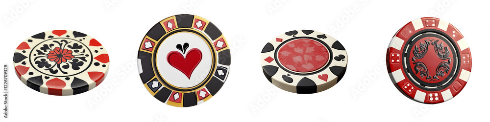 A set of casino poker chip with a detailed design isolated on a transparent background A set of casino poker chip with a detailed design isolated on a transparent background