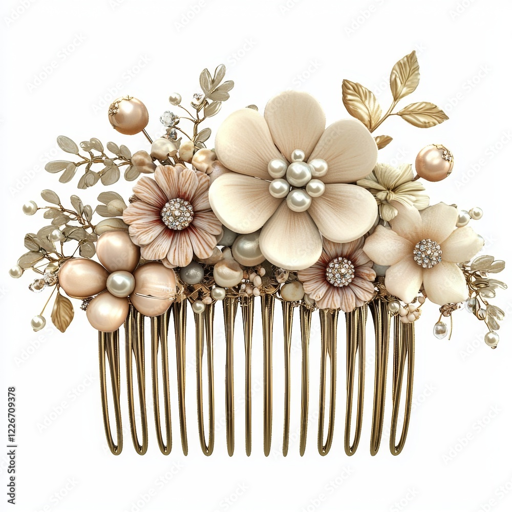Naklejka premium Elegant Floral Hair Comb Design Featuring Pearls and Gold Accents for Bridal and Formal Occasions