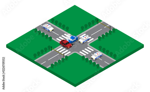 Isometric scene of car accident cut off by traffic police officers in police cars. Auto accident on intercity road. Traffic jam. Aerial view 3D vector isolated on white background