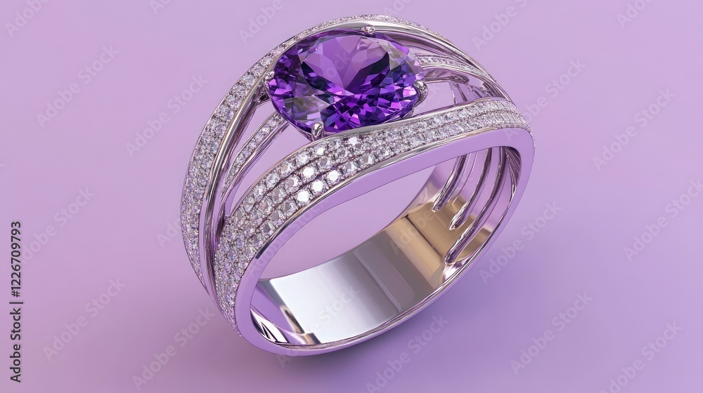 Large statement ring with amethyst and diamonds on a gradient lilac background Large statement ring with amethyst and diamonds on a gradient lilac background