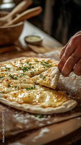 hand lifts a cheesy fourcheese pizza slice from a rustic wooden board The pizza has a thin crust and is generously topped with melted cheese and herbs. Warm inviting and delicious photo