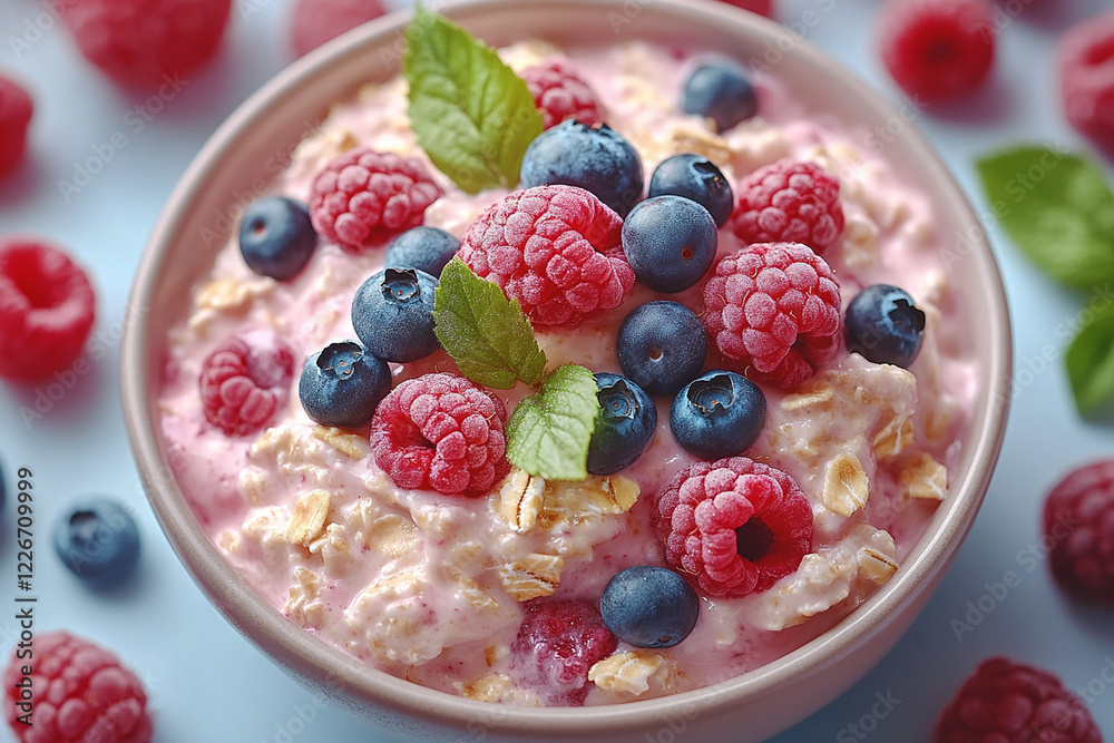 Oatmeal in yoghurt and berries in a bowl. Ideas for a cookery book. Oatmeal in yoghurt and berries in a bowl. Ideas for a cookery book.