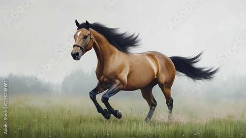 Majestic Buckskin Horse Galloping Through Misty Meadow