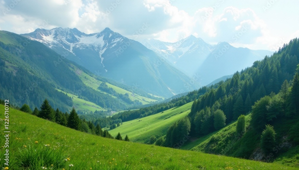 Obraz premium Rolling hills covered in lush greenery with snow-capped peaks, rugged terrain, calm, foliage
