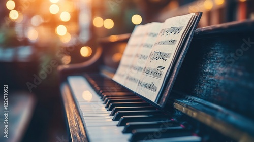 Vintage piano with sheet music rests on keys, bokeh background.