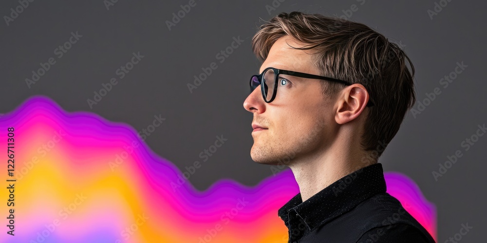 Naklejka premium A profile view of a man wearing glasses, set against a vibrant, colorful background with a wave pattern.