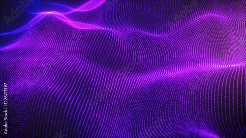 Futuristic abstract wave pattern with glowing purple dots on a dark textured surface, dynamic flowing lines creating an illusion of movement and depth, high-tech digital background