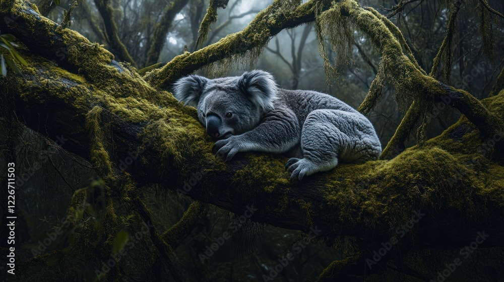 Fototapeta premium Sleeping koala on moss-covered tree branch in misty forest.