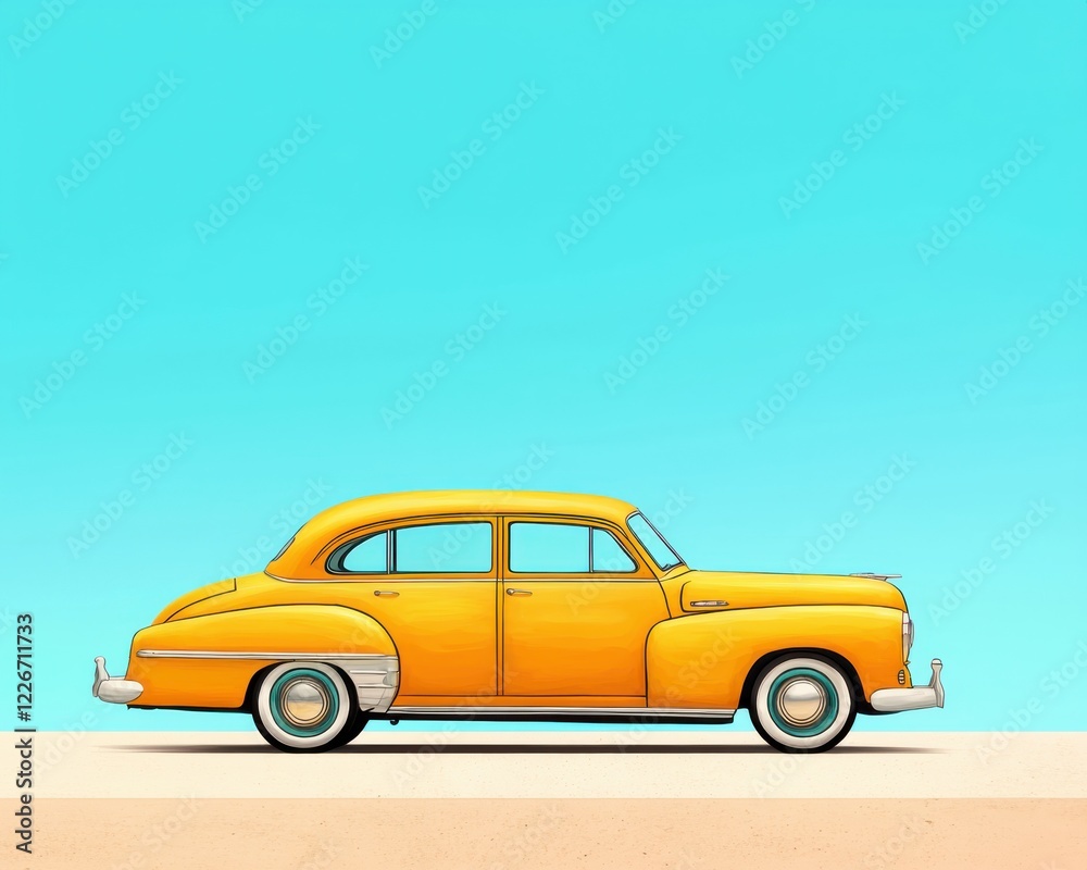 Obraz premium Vintage Yellow Car on Minimalist Background