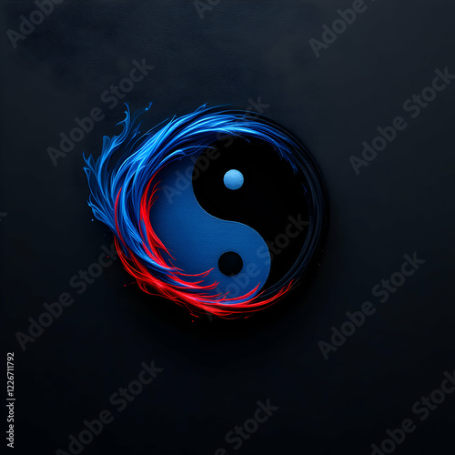 Abstract Yin Yang Symbol with Blue and Red Glowing Energy on Dark Background