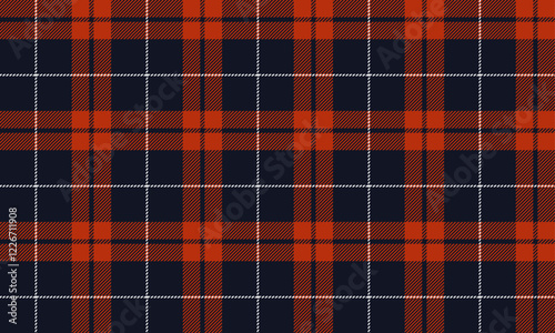 Plaid pattern, red, blue, white, orange lines crossed create a bright seamless feel for textiles, and for designing clothes, skirts or decorative fabrics. Vector illustration.