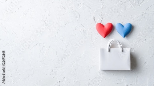 White shopping bag with red and blue hearts on textured background