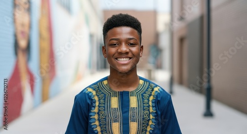 Young african male in traditional attire smiling outdoors in urban setting photo
