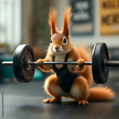 Adorable Red Squirrel Weightlifting in a Home Gym Setting