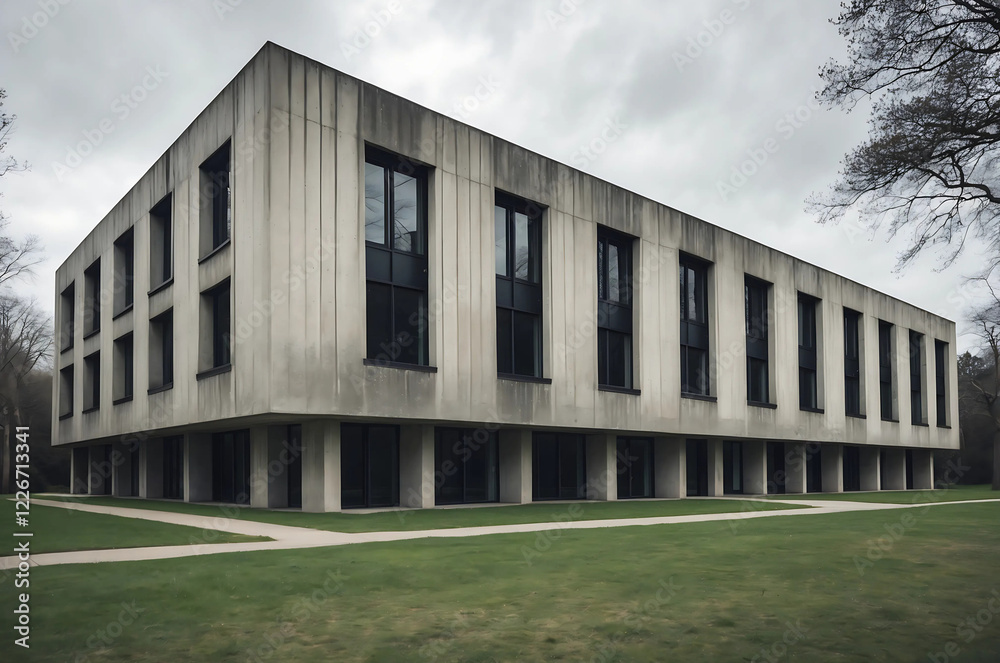 Brutalist Concrete Architecture with Boxy Shape, Large Windows, and Square Openings – Modern Rugged Design Surrounded by Green Grass and Trees with Bright Natural Lighting Brutalist Concrete Architecture with Boxy Shape, Large Windows, and Square Openings – Modern Rugged Design Surrounded by Green Grass and Trees with Bright Natural Lighting