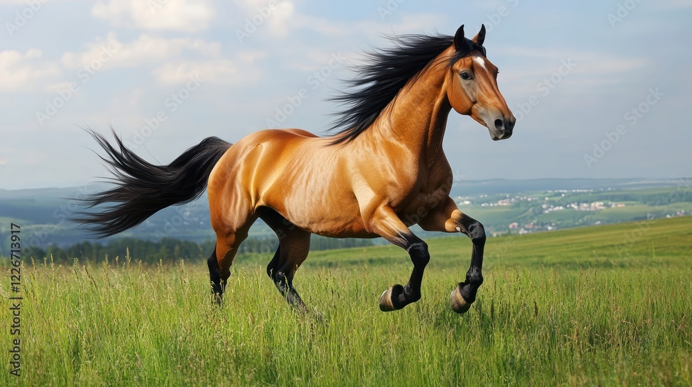 Majestic Buckskin Stallion Galloping Across Lush Green Fields Majestic Buckskin Stallion Galloping Across Lush Green Fields