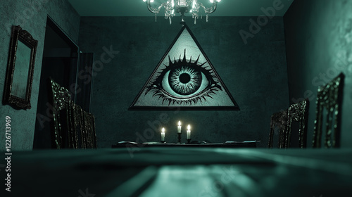 The Gathering Mysterious Room with a Large Illuminated Eye photo