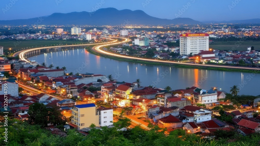 Fototapeta premium Night cityscape overlooking a river with illuminated buildings and a highway.