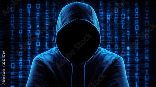 Mysterious figure in a dark hoodie surrounded by a digital code background at night time photo