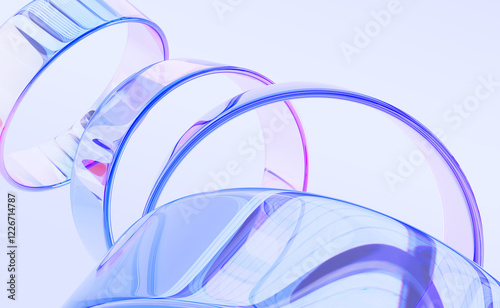 Fototapeta Naklejka Na Ścianę i Meble -  Abstract 3d background with liquid glass holographic transparent circle frames, rainbow color gradient, dispersion light. Iridescent crystal circular ring portal, dynamic tech banner. 3D illustration