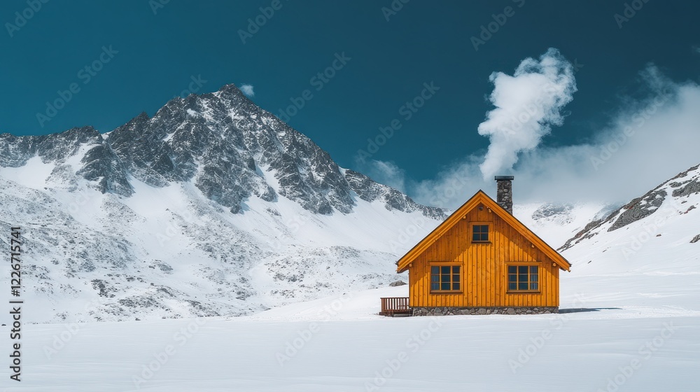 Cozy mountain cabin, snowy landscape, winter warmth, travel brochure Cozy mountain cabin, snowy landscape, winter warmth, travel brochure
