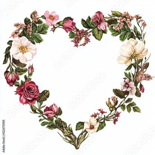 Decorative Floral Heart Frame with Roses, Peonies, and Greenery on a Light Background