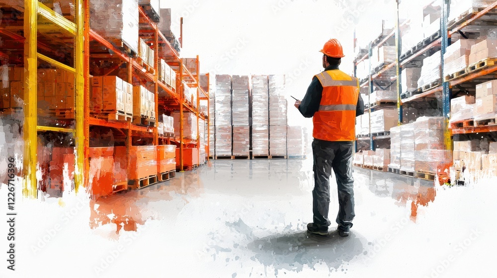 Warehouse Worker Observing Stock Inventory Arrangement Warehouse Worker Observing Stock Inventory Arrangement