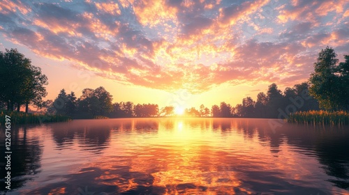 Serene Sunset Over Calm Water with Colorful Sky and Trees