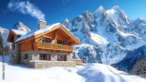 Cozy mountain chalet, snowy landscape, winter vacation