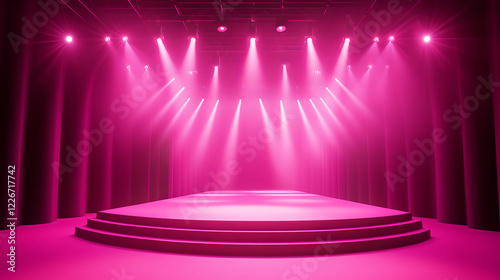Pink podium stage with ramp lights, vector ceremony award and show scene. Empty podium stage with spotlight, concert red pedestal or fashion round platform in 3D, illuminated with spot lamps