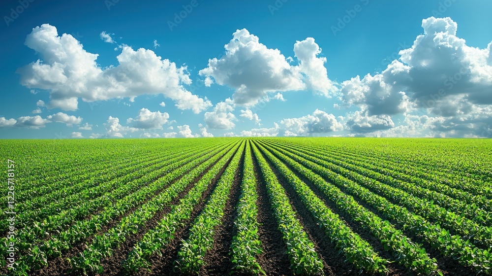 Green crops rows on a field, with bright, cloudy sky.