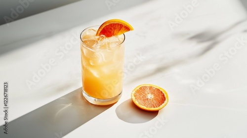 Freshly squeezed grapefruit juice served over ice in a tall glass, garnished with a grapefruit wedge. A halved grapefruit lies nearby on a white surface. Ideal for wellness blogs, menus, and advertise